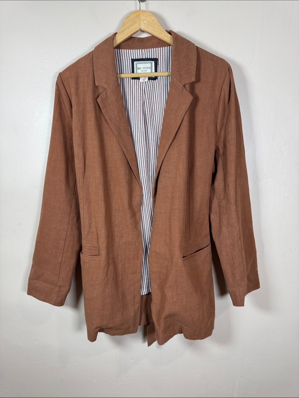 Movint Womens 100% Linen Blazer Open Front Coastal Quiet Luxury Preppy M Tan